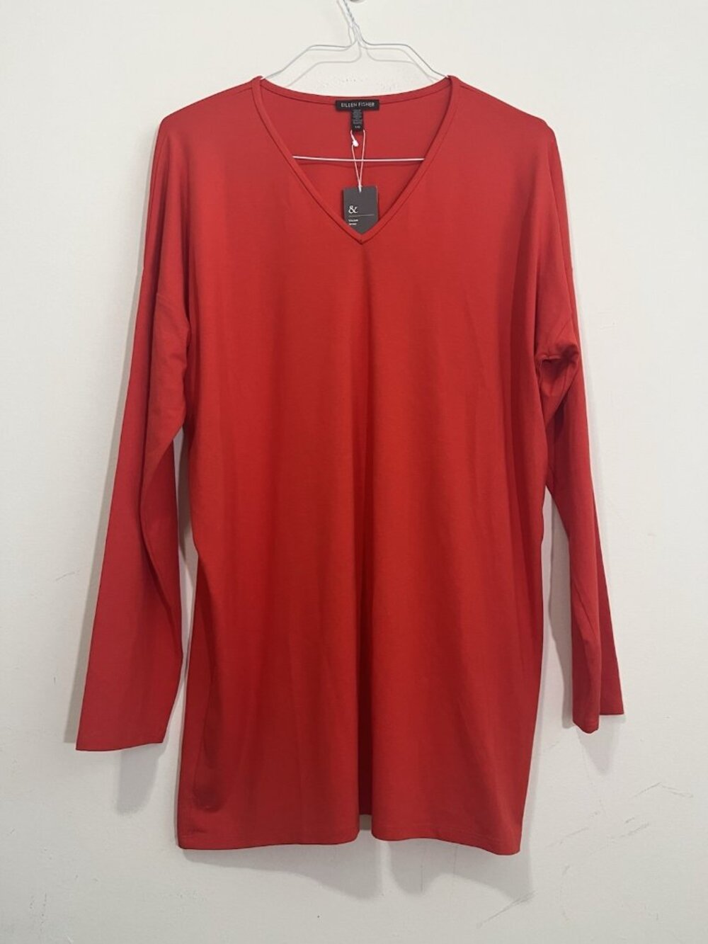 NWT Eileen Fisher Red Shirt Jersey Knit Long Sleeve Tunic Top L Pullover Stretch
